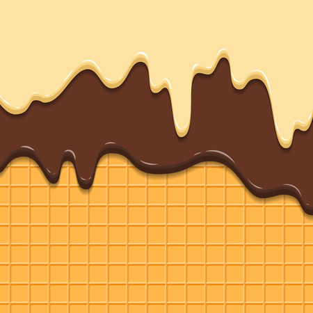 Pattern waffle texture melts frosting ice cream dripping. Glossy streaks chocolate vanilla cream crispy cone. Cartoon picture for web, advertising, banner, business card. Vector illustration.のイラスト素材