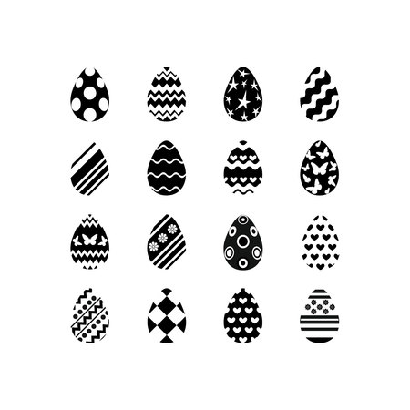 Set of black and white happy easter eggs silhouettes on white background with different ornaments and texture. Vector illustration.のイラスト素材