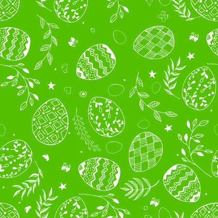 Seamless easter pattern with ornamental white hand drawn eggs, leaves, butterflies on green background. Easter holiday background. Vector illustrationのイラスト素材