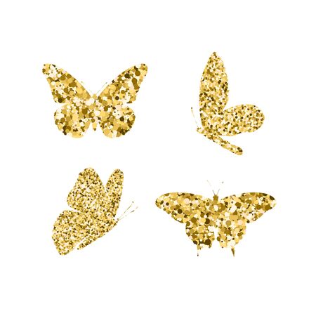 Set gold glitter butterflies. Beautiful spring, summer golden sequins silhouettes on white background. Icons different shapes wings, for fashion, ornaments, tattoo. Vector illustrationのイラスト素材
