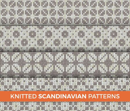 Knitted Patterns Set. Realistic samples backgrounds. Geometric ornaments, scandinavian sweaters cable stitch texture. Decorative design elements gift paper, packet, greeting cards.のイラスト素材