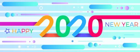 2020 Happy New Year. Paper Memphis geometric bright style for holidays flyers, greetings,...