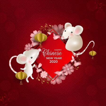 Happy Chinese New Year 2020. Cute rats on red signboard. White mouses, golden lanterns, pink flowers, petals, dots, red background. For greeting card, invitations, poster, banner. Vector illustrationのイラスト素材