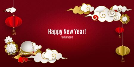 Happy Chinese New Year 2020 of rat. Banner: white and gold mouse, clouds, lanterns, flowers on red background. Asian patterns. For invitations, poster, greeting card. Paper style. Vector illustrationのイラスト素材