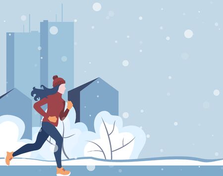 Winter running. The girl runs on a winter evening in the city Park, trees. bushes in the snow. On the background of the house with Windows. Banner, poster, card, healthy lifestyle. Vector Illustrtionのイラスト素材