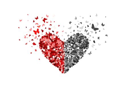 Heart red and silver glitter icon with glitter glow confetti butterflies on white background. For Valentines day, wedding invitations, cards, branding, logo, label, concept design. Vector illustrationのイラスト素材