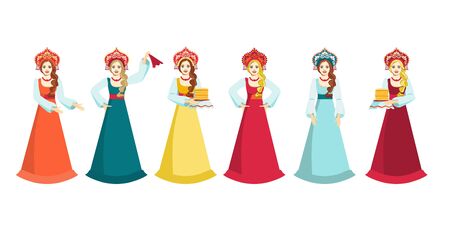 Set of cute russian girls with long braid in traditional folk dress in different poses, with festive pancakes for russian Shrovetide or Maslenitsa. Russian holiday Carnival. Vector illustrationのイラスト素材
