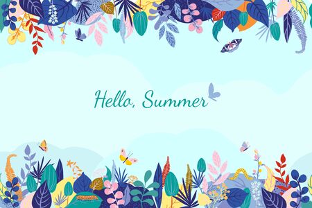 Colorful floral composition on blue background, text Hello, Summer. Horizontal stripe seamless pattern in bright summer colors. Leaves, colorful flowers, caterpillar, butterflies. Vector illustrationのイラスト素材