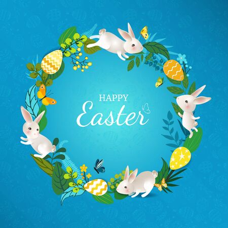 Happy Easter round frame with rabbits, eggs, leaves, flowers, butterflies. Cute easter card with white hares on bright blue background. For banners, invitation, design elements. Vector illustrationのイラスト素材