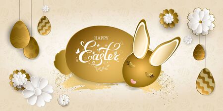 Happy Easter banner. Cute gold rabbit with brush stroke, glittering, hanging gold eggs, flowers. For holiday invitation, festve poster, banner. Paper art style. Eggs pattern. Vector illustration.のイラスト素材