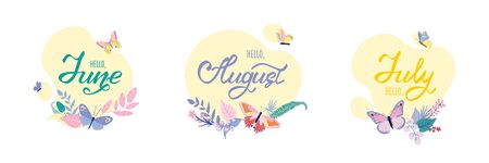 Lettering set Hello June July August. Hand drawn calligraphy and doodles lettering logo badges with buttreflies, flowers and leaves Vector illustrationのイラスト素材