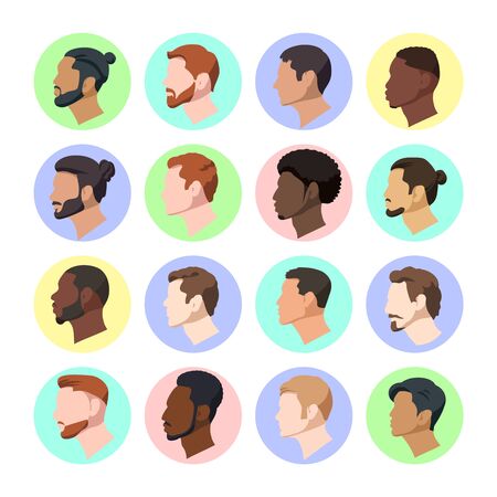 Set vector illustration portraits of men in profile of various nationality. Male heads european and asian and also afro-american in cartoon style on color backgroundのイラスト素材