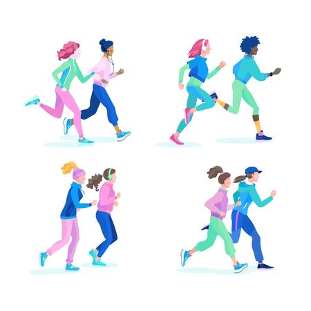 A set of vector illustrations in cartoon style present beautiful athletic girls running in pairsのイラスト素材