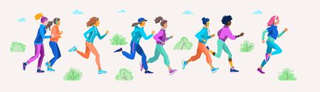 Fit beautiful girls on a jogging in the Park or square. Vector illustration of young women of...