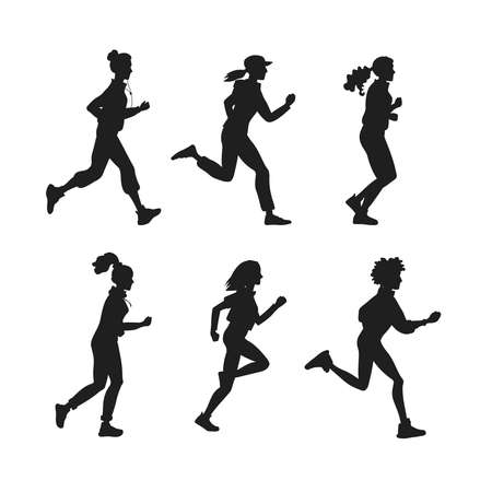 A set of vector black silhouette beautiful athletic girls of various nationalities. Illustration young women run and jogのイラスト素材