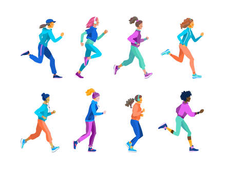 Fit beautiful girls of different races on a run in the style cartoon. Vector illustration of young women running in bright sports clothesのイラスト素材