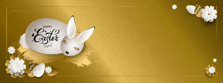Happy Easter banner with white rabbit, eggs and flowers in paper art style, hand drawn lettering on...