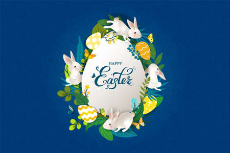 Happy Easter banner with rabbits, eggs, hand drawn lettering, flowers, butterflies. Cute card with white bunnies on blue background. For festive invitation, design elements. Vector illustration.のイラスト素材