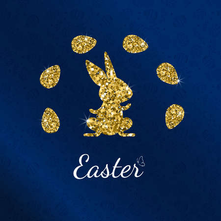 Happy Easter banner with gold glittering rabbit silhouette and eggs on dark blue background. Cute bunny for branding, label, kids invitation, poster, greeting cards. Vector illustrationのイラスト素材