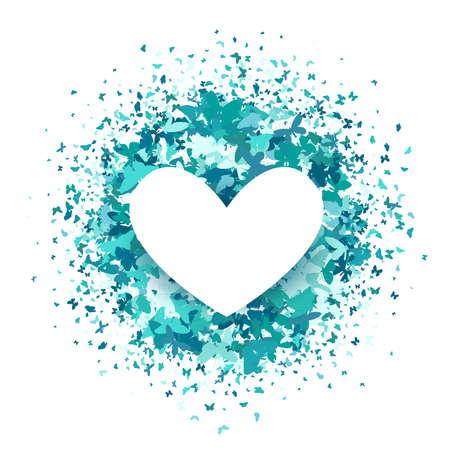 White heart on circle glitter confetti butterflies on white background. Creative concept for Valentines day, Chinese Qi Xi Festival, double 7th day. For wedding poster, logo. Vector illustration.の販売画像
