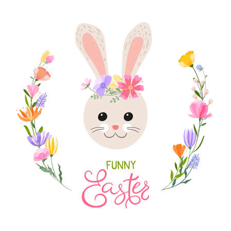 Easter spring greeting card. A wreath of spring flowers and herbs with bright Easter eggs and a cute bunny. Inscription Funny Easter.のイラスト素材