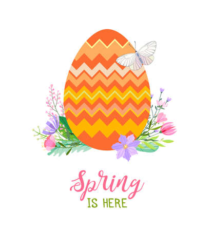 Easter spring greeting card. A bright multicolored Easter egg in herbs and flowers, decorated with a butterfly.のイラスト素材