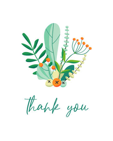 A bouquet of green herbs, leaves, wildflowers and berries. The inscription Thank you. Vector illustration.のイラスト素材