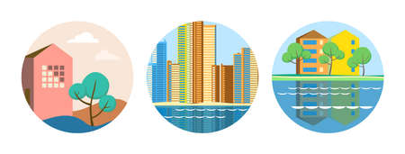 Set of vector illustrations in geometric flat style - city landscape with buildings, hills, bushes and trees.のイラスト素材