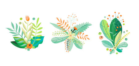 Floral illustration with different plants, flowers, branches and herbs. Wildflower bouquet. Vector set of elements for your design.のイラスト素材