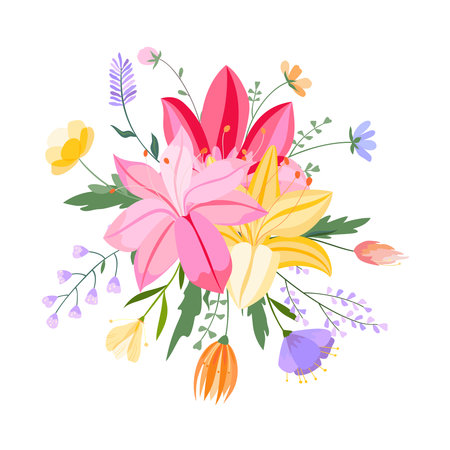 Vector floral bouquet illustration. Set of leaves, wildflowers, twigs, floral arrangements. Beautiful compositions of field grass and bright spring flowers.のイラスト素材