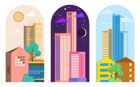 Set of vector illustrations in geometric flat style - city landscape with buildings, hills, bushes and trees.のイラスト素材