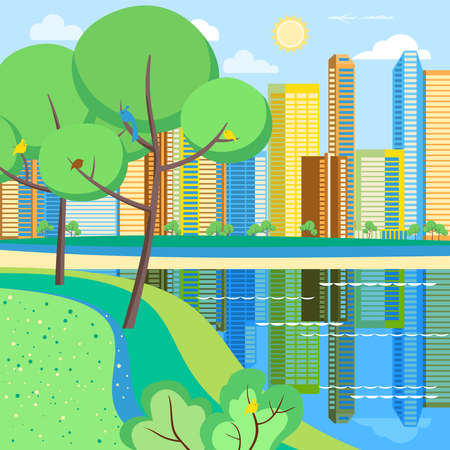 Vector illustration in geometric flat style - city landscape with buildings, hills, bushes and trees.のイラスト素材