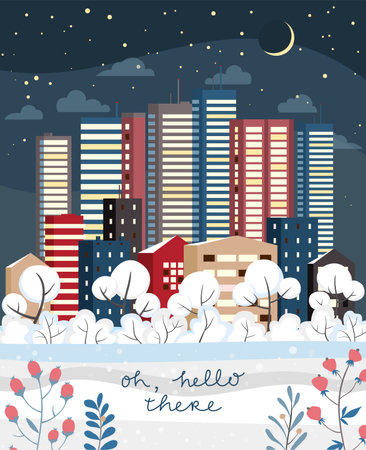 Vector illustration in geometric flat style - city landscape with buildings, hills, bushes and trees. Oh hello hereのイラスト素材