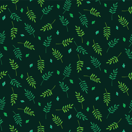 Green herbs seamless pattern. Leaves, wildflowers and berries. Vector illustration with different plants and branches on dark green background.のイラスト素材