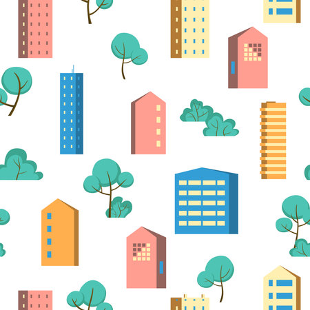 Vector seamless pattern in geometric flat style - city landscape with buildings, hills, bushes and trees.のイラスト素材