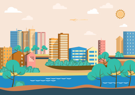 Vector illustration in geometric flat style - city landscape with buildings, hills, bushes and trees.のイラスト素材