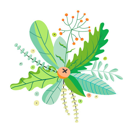 A bouquet of green herbs, leaves, wildflowers and berries. Vector illustration with different plants, flowers and branches.のイラスト素材
