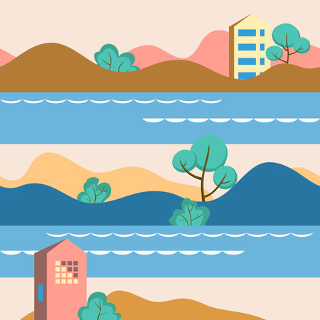 Vector seamless pattern in geometric flat style - city landscape with buildings, hills, bushes and trees.のイラスト素材