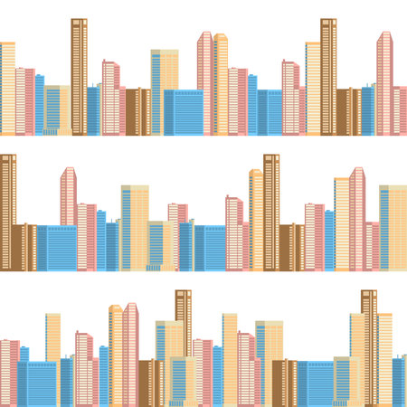Vector seamless pattern in geometric flat style - city landscape with buildings, hills, bushes and trees.のイラスト素材