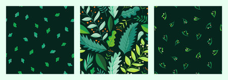 Set of green herbs seamless pattern. Leaves, wildflowers and berries. Vector illustration with different plants and branches on dark green background.のイラスト素材