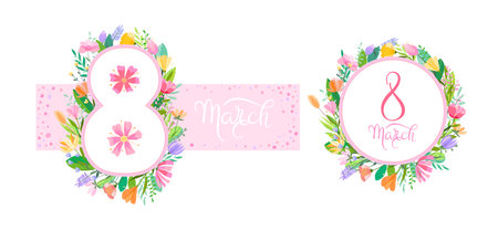 Happy womens day greeting card. Set of 8 march womens day poster or banner with big number eight and lettering, spring flowers and leaves on pink and white background.のイラスト素材