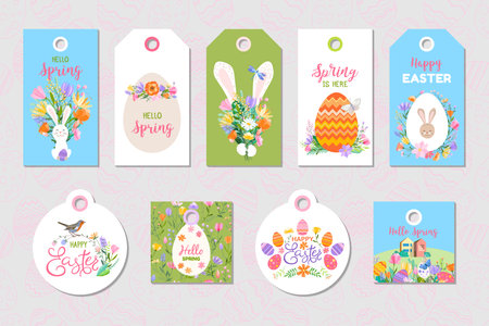 Set of Happy Easter vector illustrations. Trendy Easter design with typography, bunnies, flowers, eggs, bunny ears in soft colors.のイラスト素材