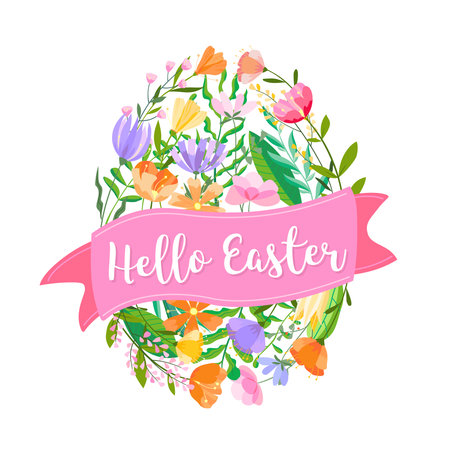 Happy Easter flower egg vector illustration. Trendy Easter design with typography, pink ribbon and spring flowers in soft colors for banner, poster, greeting card.のイラスト素材