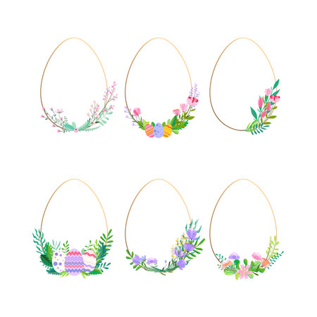 Set of Happy Easter vector illustration. Trendy Easter design with wreath, and spring flowers in soft colors for banner, poster, greeting card.のイラスト素材