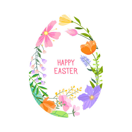 Happy Easter flower egg vector illustration. Trendy Easter design with typography and spring flowers in soft colors for banner, poster, greeting card.のイラスト素材