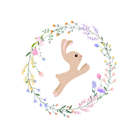 Happy Easter vector illustration. Trendy Easter design with wreath, bunny and spring flowers in soft colors for banner, poster, greeting card.のイラスト素材