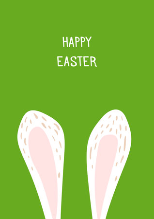 Happy Easter vector illustration on green background. Trendy Easter design with typography and bunny ears in soft colors for banner, poster, greeting card.のイラスト素材