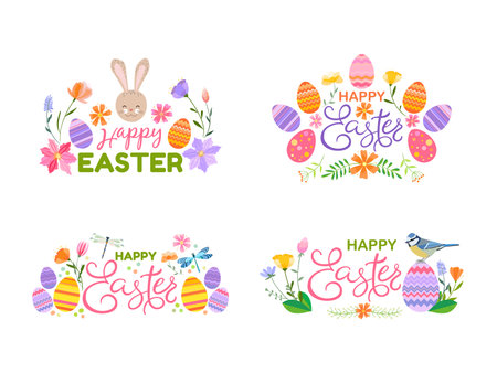 Set of Happy Easter vector illustrations. Trendy Easter design with typography, bunnies, flowers, eggs, bunny ears in soft colorsのイラスト素材