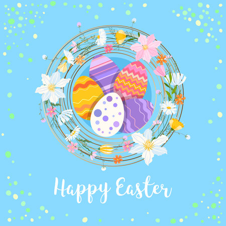 Happy Easter vector illustration. Trendy Easter design with typography, wreath, eggs and spring flowers in soft colors for banner, poster, greeting cardのイラスト素材