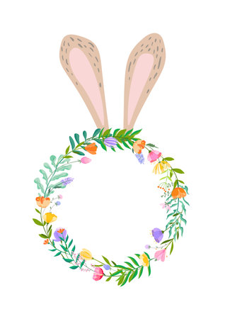 Happy Easter vector illustration. Trendy Easter design with wreath, bunny ears and spring flowers in soft colors for banner, poster, greeting cardのイラスト素材